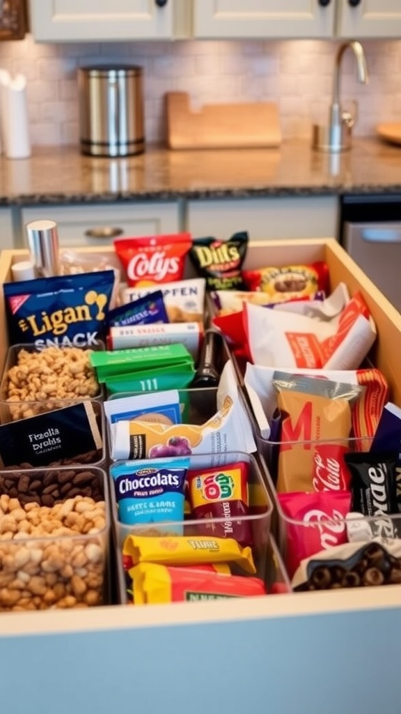 A well-organized snack drawer filled with clear containers of various snacks, arranged neatly in a kitchen.